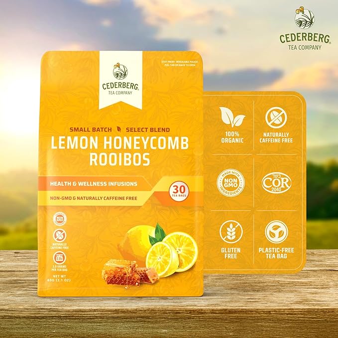 Cederberg Tea Company Lemon Honeycomb Rooibos Tea Bags - Made with Organic Red Rooibos Tea, South African Herbal Tea, Naturally Caffeine Free Tea, Small Batch - Select Blend Non-GMO, Premium Leaf, Antioxidant-Rich, 30 Count