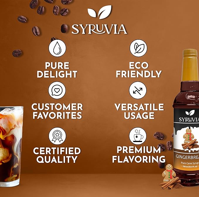 Syruvia Gingerbread Syrup for Coffee, Flavored Syrup for Drinks, Lattes, and Desserts – 25.4 fl oz