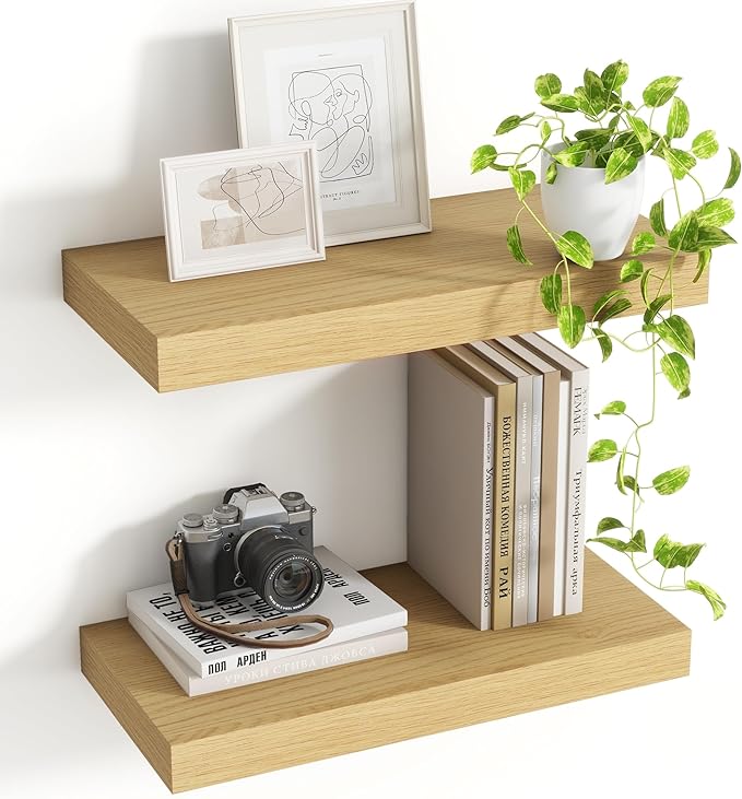 16 Inch Floating Shelves, 8 Inch Deep Floating Shelves for Wall, Hanging Shelf with Invisible Brackets, Deep Shelves for Bathroom, Bedroom, Living Room, Oak, Set of 2
