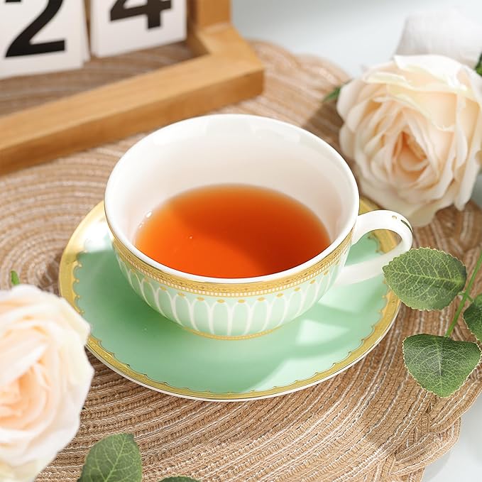 fanquare Tea for One with Gold Trim, Green Teapot Set for Adults, Ceramic Coffee Cup with Saucer, Classic Stripes