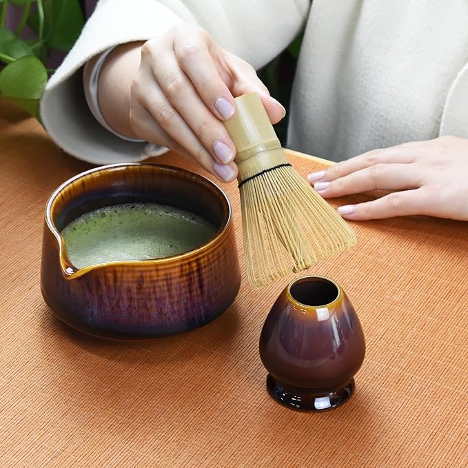 Artcome Matcha Tool Set - Complete Kit with Matcha Bowl with Spout, Bamboo Whisk, Tea Scoop & Whisk Holder, Red-Blue Glaze