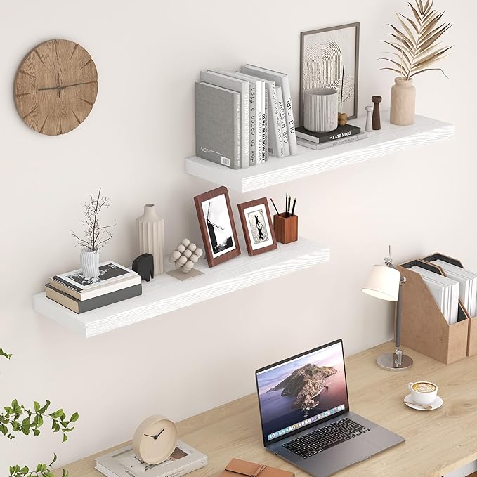 Fun Memories Floating Shelves for Wall, 36 x 9.3 Large Floating Shelf Wall Mounted Set of 2, Rustic Wood Shelves for Bathroom, Kitchen, Living, Heavy-Duty Storage Deep Shelf for Books, Decor, White