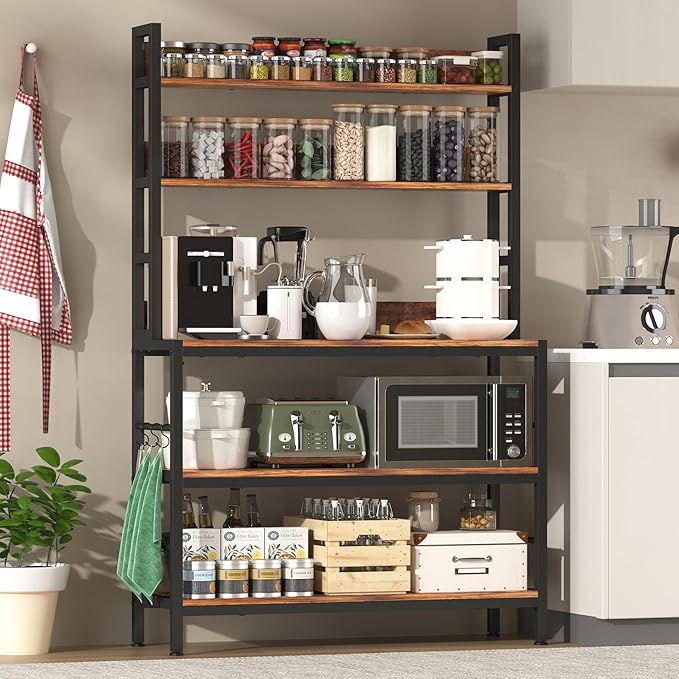 Kitchen Bakers Rack with Storage Shelves,5-Tier Free Standing Storage Shelf Rack with Hooks,Industrial Microwave Stand Shelf for Dining Room