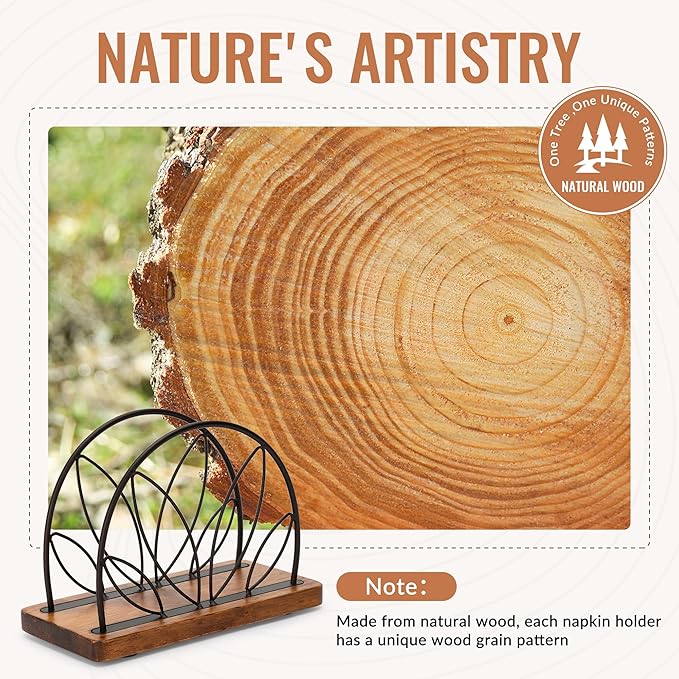 Wood Napkin Holder for Table, Standing Servilletero with Wooden Base for Square Paper, for Kitchen Cocktail Bar Dinning Countertop