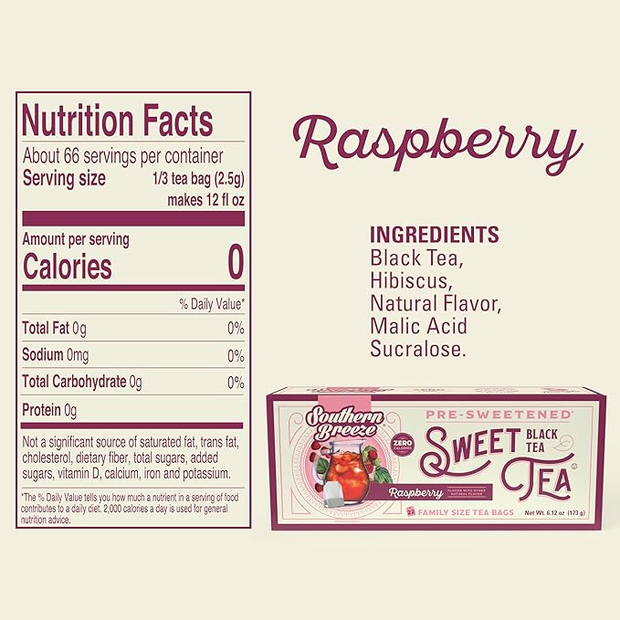 Southern Breeze Hot Brew Sweet Tea Raspberry Iced Tea with Black Tea and Zero Carbs Zero Sugar, 22 Family Size Tea Bags, Pack of 6