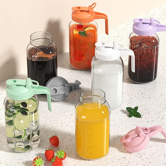 64 oz Glass Pitcher with Lid, Large Wide Mouth Mason Jar with Pour Spout, Purple Sun Tea Glass Jar for Outside, Juice Pitcher Great for Drink, Cold Beverages and Breast Milk