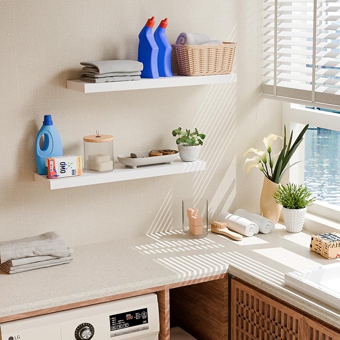 30 Inch Floating Shelves - Set of 2, 8" Deep White Wall Shelf with Invisible Bracket, Hanging Shelf for Bathroom, Bedroom, Kitchen, Living Room Decor