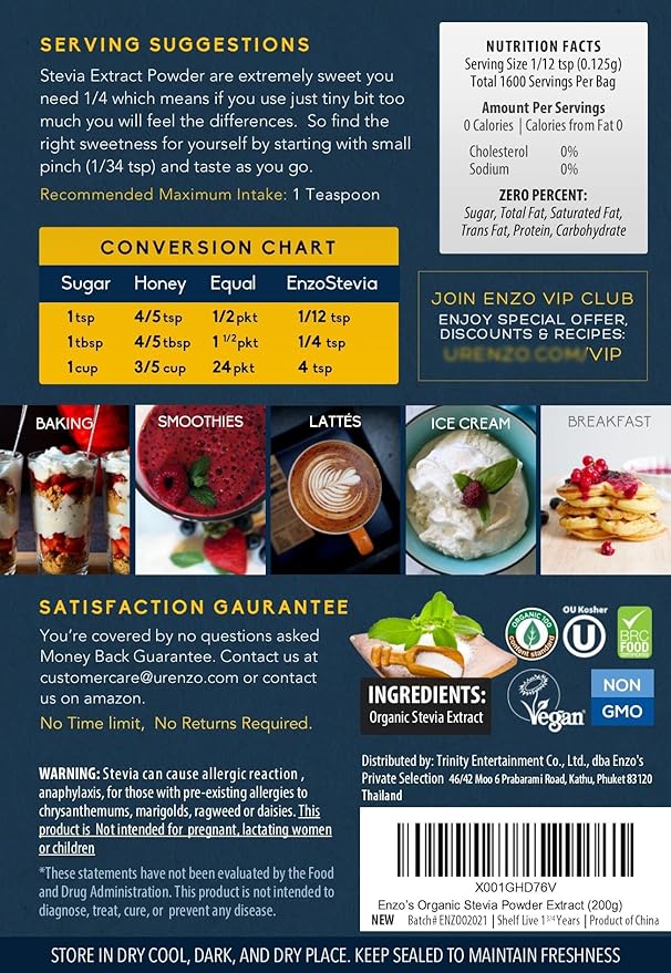 Enzo Easy Use Organic Stevia Powder 200g (7.05oz / 1600 Servings) All Natural Alternative Sweetener 12 x Sweeter than Processed Sugar with No Artificial Additives & Fillers