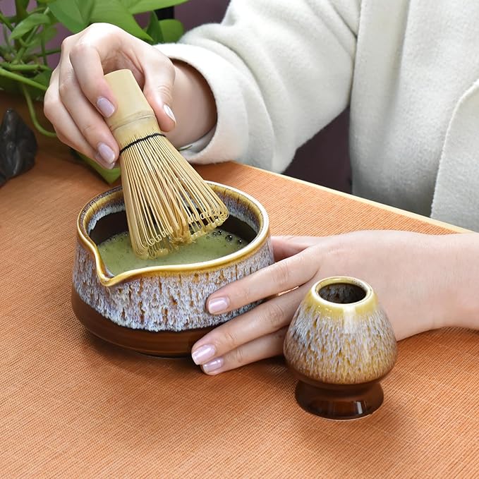 Artcome Matcha Tool Set - Complete Kit with Matcha Bowl with Spout, Bamboo Whisk, Tea Scoop, Whisk Holder, Scoop Holder, Tea Cloth & Powder Strainer, Golden Glaz