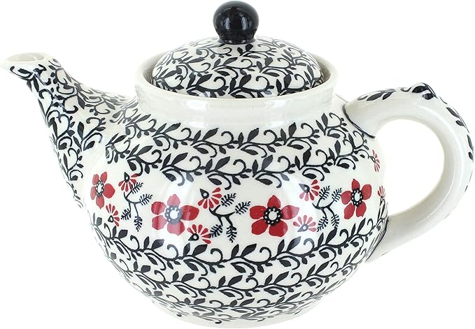 Blue Rose Polish Pottery - Red Scarlett Ivy Teapot - 5 Cup Capacity - Hand-Painted Polish Pottery Ceramic Coffee & Tea Server