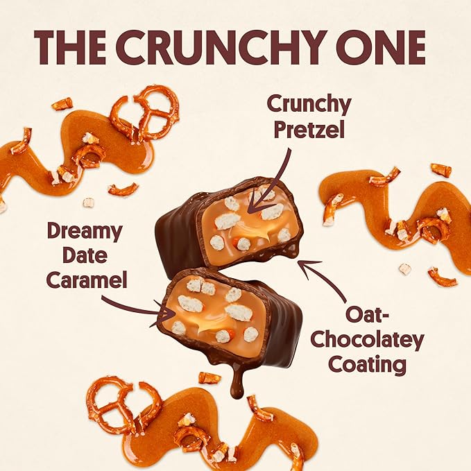 Harken Sweets The Crunchy One, Oat Milk Chocolate Candy Bars with Pretzels and Date Caramel, Sweetened with Dates and No Sugar Added, High Fiber, Nut-Free, Gluten-Free, Plant-Based, 12 Bars