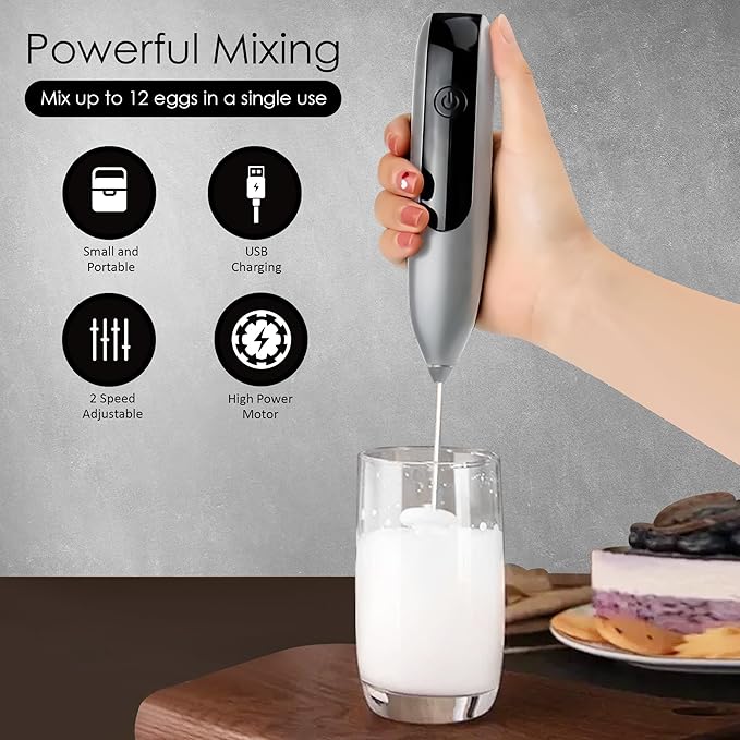GOCHA | Electric Milk Frother Handheld - Rechargeable Coffee Frother with USB-C & 2 Speeds - Powerful RPM Latte Foam Maker for Cappuccino, Matcha, Hot Chocolate - Includes Stand & Whisk (Silver)