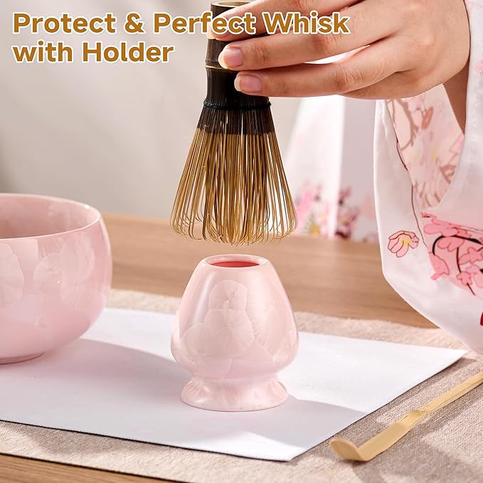 Matcha Whisk Set – Crystalline Glaze Bowl, Bamboo Whisk & Holder, Scoop & Sifter with Holder, Cup with Lid & Straw, Ice Cube Tray & Tea Towel – Pink Matcha Gift Set for Women, Christmas Gifts