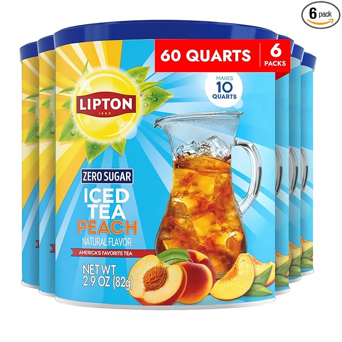 Lipton Zero Sugar Iced Tea Mix, Peach Flavor Black Iced Tea, Makes 10 Quarts (Pack of 6)
