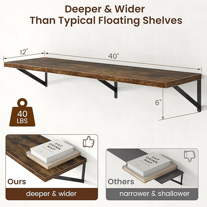 Axeman Deep Floating Shelves - 40 Inch Floating Shelves Set of 2-12 Inch Deep Brown Wood Wall Shelves for Living Room Bathroom Kitchen
