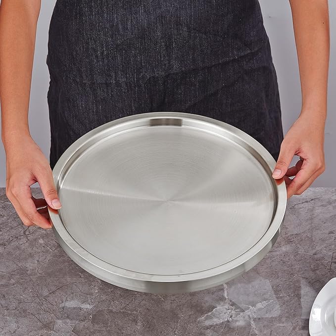 Stainless Steel Round Bar Serving Tray 12.5",Double Wall,Ideal Coffee Table, Decorative,Rotisserie Plate, Tea and Bar Serving,Silver