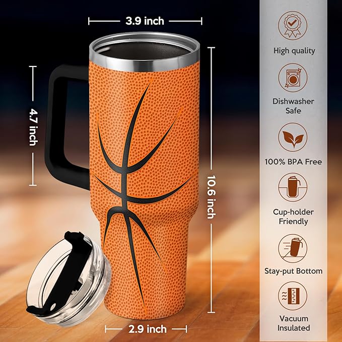 SANDJEST Basketball Tumbler with Handle 40oz Lid & Straw, Insulated Coffee Cup Gifts for Men Boys Players, Christmas Birthday