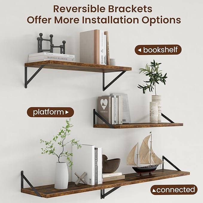 Axeman Deep Floating Shelves - 30 Inch Floating Shelves Set of 2-12 Inch Deep Brown Wood Wall Shelves for Living Room Bathroom Kitchen