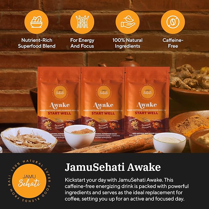 JAMUSEHATI Awake, Caffeine-Free Morning Kick, Natural Superfoods Blend from Bali, Containing Ginger, Turmeric and Javanese Ginseng, Pack of 3 Sachets