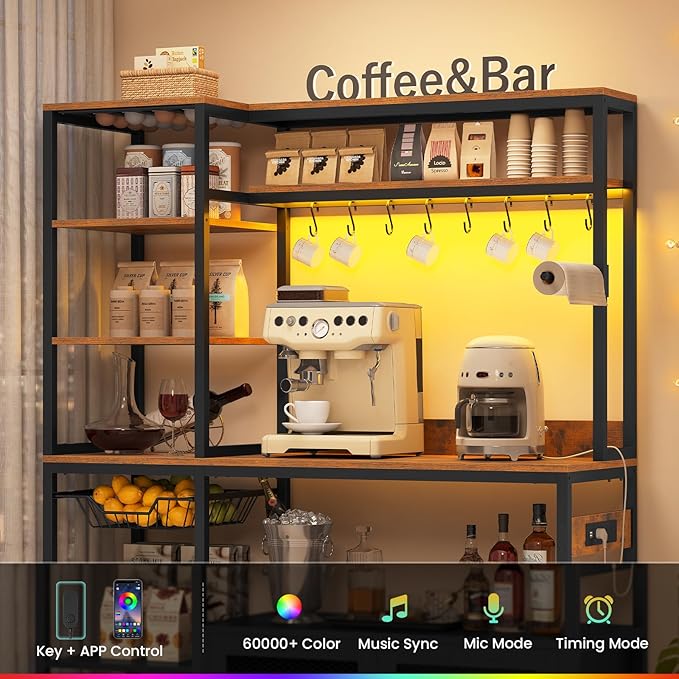 47.2 in Bakers Rack with Power Outlet & LED Light, Coffee Bar with Coffee Pod Holder for Vetuo, Kitchen Microwave Stand with Storage Shelves, Paper Holder, Cabinet, Wire Basket, 8 Hooks (Rustic Brown)