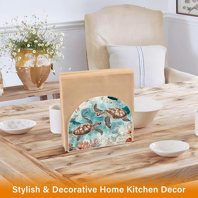 Vintage Ocean Sea Turtle Map Napkin Holder for Table Paper Cocktail Napkin Holders for Kitchen Dinning Acrylic Dinner Napkin Dispenser for Dinner Home Decor Bar 1 Pack