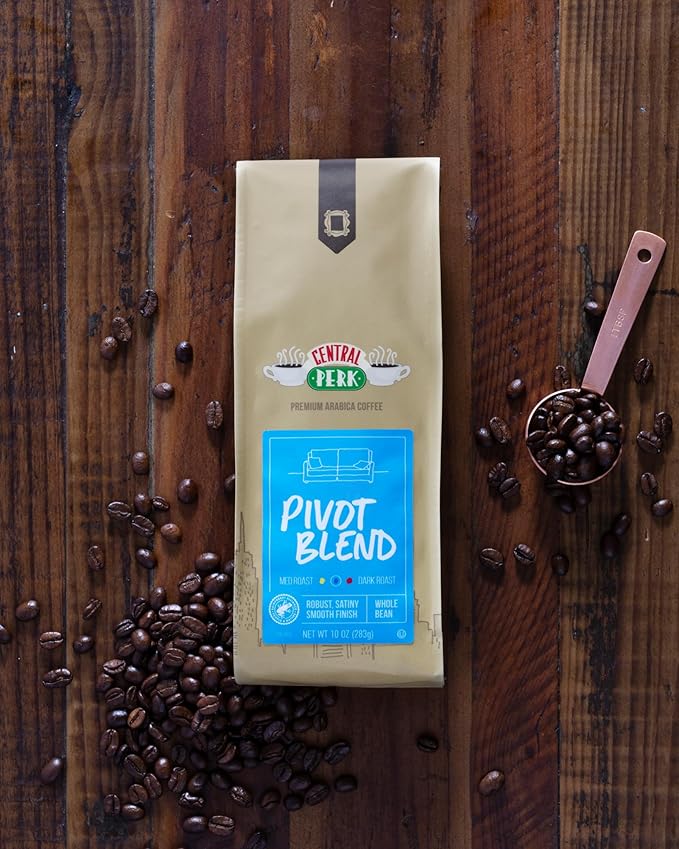 Central Perk Medium Dark Roast Whole Bean Coffee "Pivot Blend" - 100% Arabica Coffee Beans with Sweet Cocoa, Bright Citrus & Herbal Notes, Bold & Smooth Finish, 10oz Bag