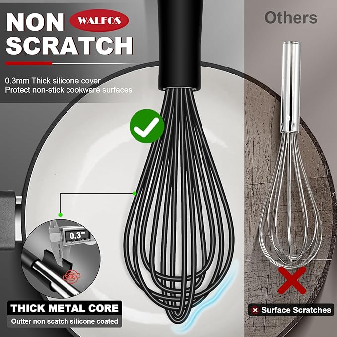 Silicone Whisks set with 7+5in mini stainless steel whisk, Non Scratch Coated 7+9+11in Whisks for Nonstick Cookware,Premium for Blending, Whisking, Beating, Frothing & Stirring