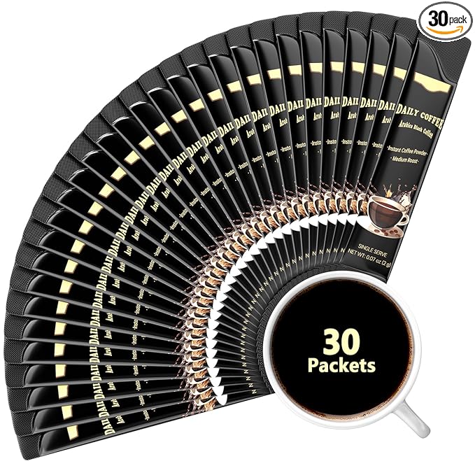 Sugar Free Instant Coffee 30 Packets Single Serve, Organic Arabica Instant Coffee Packs, Hot & Ice Coffee Instant Powder Medium Roast Low Acid for Camping, Traveling, Office & School