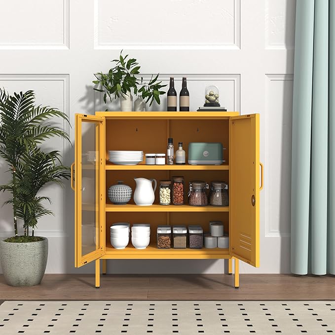 Lockable Metal Storage Locker Djustable Shelves Modern Cabinets Versatile Storage Lockers Easy Assembly Durable Metal Furniture Garage Tool Cabinet Yellow Size：33" H X 29.5" W X 13.8" D