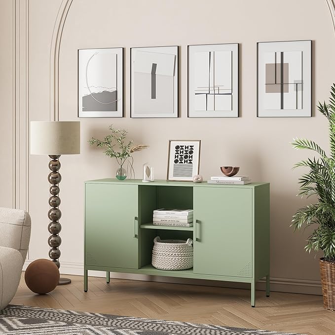 Metal Storage Cabinet,Metal Green TV Stand,Coffee Bar Buffet Cabinet Kitchen Sideboard Storage with Adjustable Shelves for Living Room Bedroom