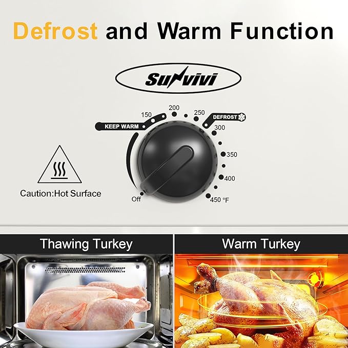Sunvivi Electric Roaster Oven with Self-Basting Lid, 14-Quart Turkey Roaster Oven with Removable Pan and Rack, Stainless Steel, White