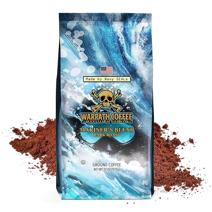Warpath Coffee Ground Coffee Dark Roast, Mariner's Blend, High Caffeine, Extra Strong Roasted 100% Arabica Coffee Ground Beans, Rich Aroma, Full-Bodied Intense Cup, Created by Navy SEALs, 2lb