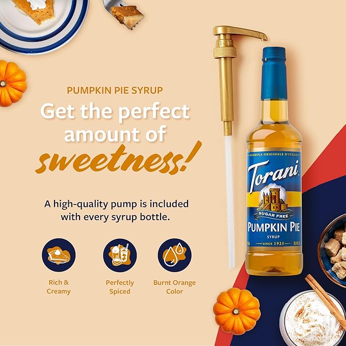 Torani Sugar Free Coffee Syrup, Pumpkin Pie Flavored Syrup for Drinks, Zero Calorie, Pump Included, 25.4 Fl Oz