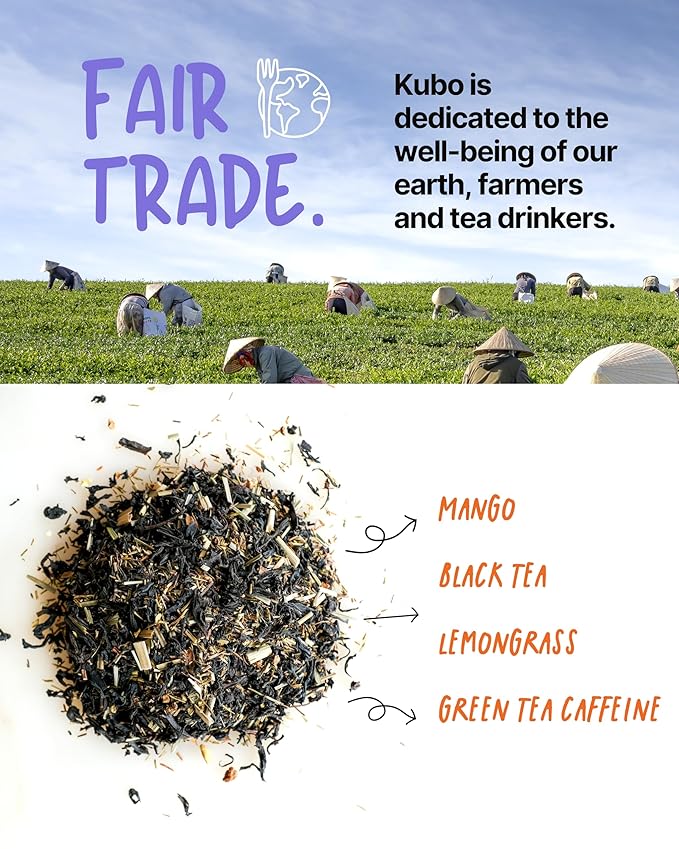 High Caffeine Tea (155 mg) – Kubo Tea: Organic Lemon Mango Black Tea Bags for Clean Energy & Focus | Healthy Coffee Substitute | Fruity Caffeine Blend | 20 Ct | Compostable Packaging