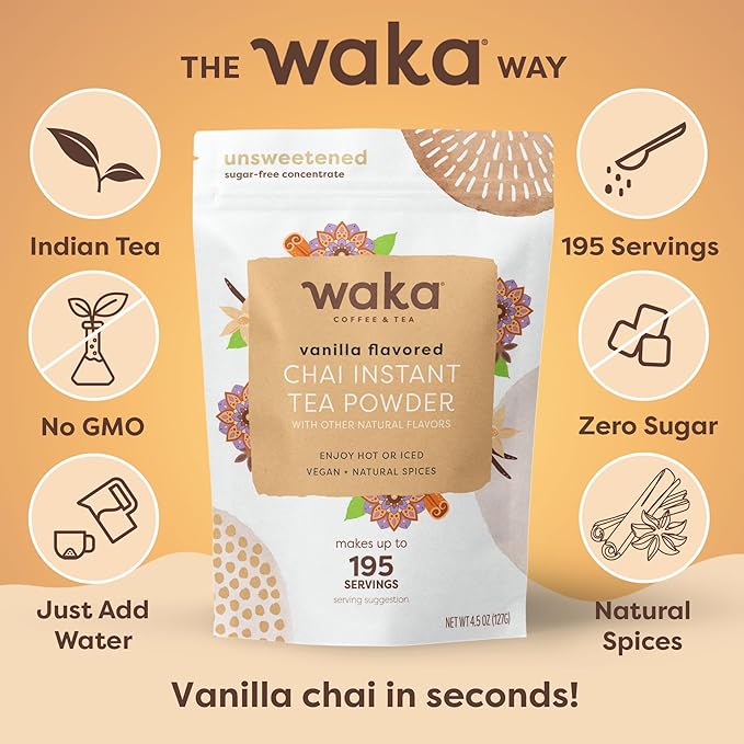 Waka Vanilla Chai Tea Powder Mix - 100% Tea Leaves from India, Natural Spices, Unsweetened Vegan Tea Powder - No Sugar, No Additives, Up to 195 Cups (4.5oz Pouch, 195 Servings)