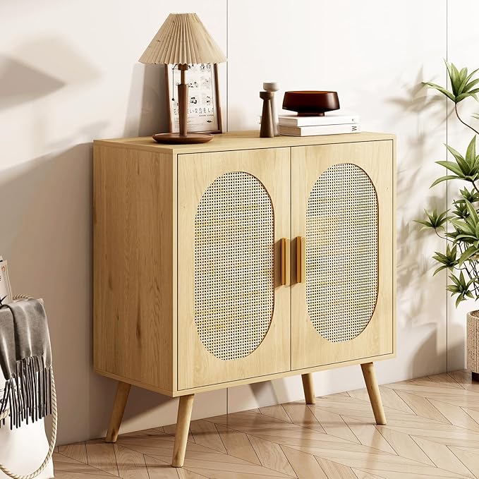 Storage Cabinet with Rattan Doors, Modern Farmhouse Coffee Bar Cabinet, Sideboard Buffet for Living Room, Entryway, Dining Room and Kitchen, Natural (Style one)