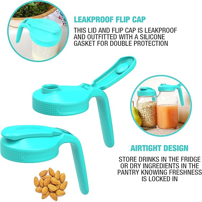 Masontops Multi Pour Top Mason Jar Lid with Handle - Wide Mouth Mason Jar Pour Spout Lid Pourer - Ball Mason Jar Pitcher Lid with Handle and Flip Cap – Glass Mason Jar Pitcher Not included - 2 Pack
