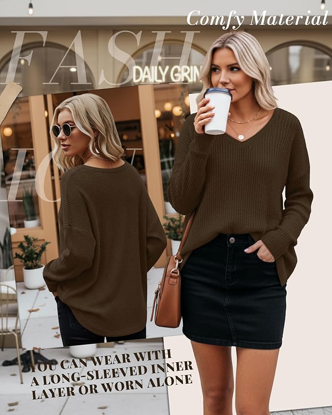Women's V Neck Sweater Long Sleeve Knit Oversized Shirt Loose Lightweight Fall Casual Pullover Sweater Top