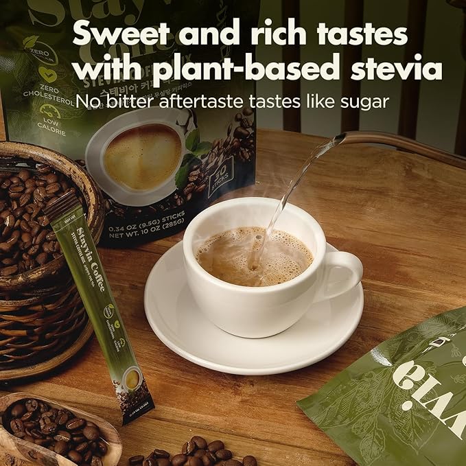 STAYVIA COFFEE Stevia Instant Coffee Packets - Korean Instant Latte with Sugar-Free & Low Calories - 60 Sticks (0.33oz) - Plant-Based Sweetener - Enjoy Caffeine Hot & Cold at Office, Home & Travel