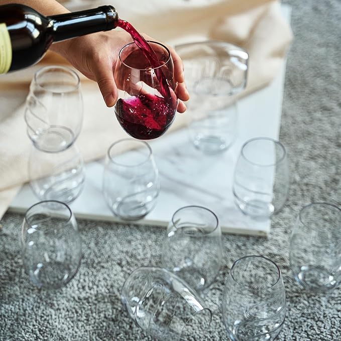 Unbreakable European Plastic Crystal, Stemless Wine Glasses | Set of 12, 13.5 OZ | Acrylic Tritan Set with 3-Finger Indentations - Clear Short Tumbler Set, BPA Free, Reusable, Naturally Aerates Wine