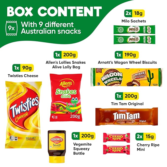 Australian Holiday Snack Box – 12 Authentic Aussie Treats Including, Vegemite, Twisties & More