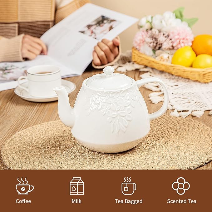 Toptier Leaf Teapot, Porcelain Tea Pot with Stainless Steel Infuser, Blooming & Loose Leaf Ceramic Teapot, 37 Ounce, White