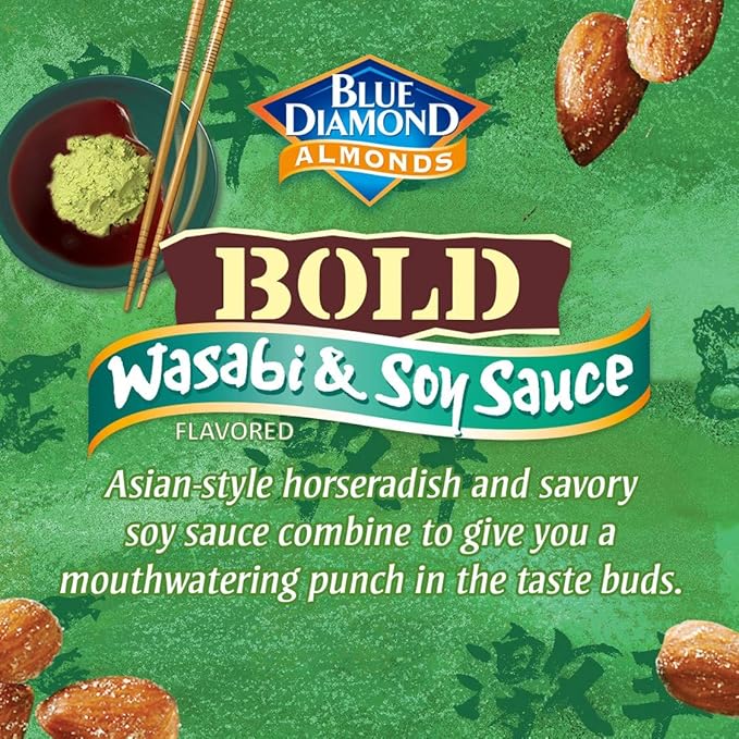 Blue Diamond Almonds Wasabi & Soy Sauce Flavored Snack Nuts, 16 Oz Resealable Bag (Pack of 2)