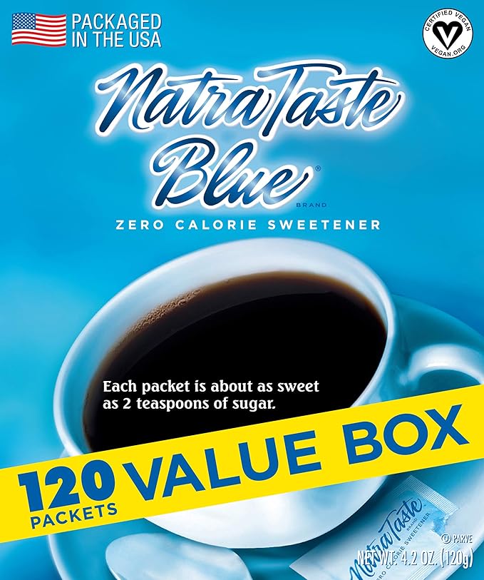 NatraTaste Blue Zero Calorie Sweetener, Bulk Sugar Substitute for Coffee, Iced Tea, Lemonade, Hot & Cold Drinks, Baking, Cooking, Low Carb, Vegan, Sugar Alternative, 120 Packets Value Box (12 pack)