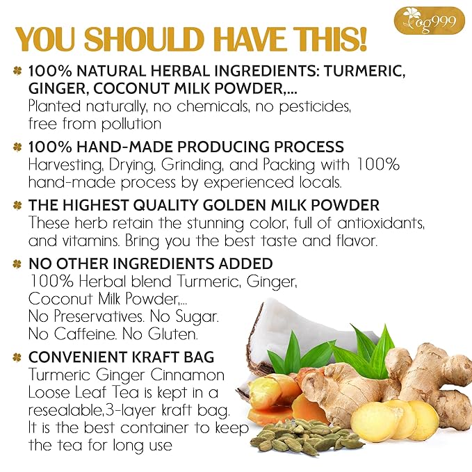 TOG999, Premium 8oz Golden Milk Powder - Turmeric, Cinnamon, Ginger & Black Pepper – Natural Spice Blend for Lattes, Smoothies & Baking – Non-GMO, No Additives.