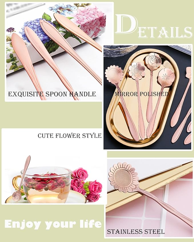 16 Pcs Teaspoon Tea Spoons, ESRISE Stainless Steel Cute Coffee Spoon for Tea Party Decorations (Rose Gold)