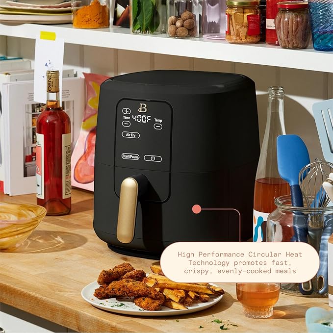 Beautiful 6 Qt Air Fryer with TurboCrisp Technology, EverGood Ceramic Nonstick Coating - Roast, Reheat and dehydrator, kitchen appliances by Drew Barrymore (Black)