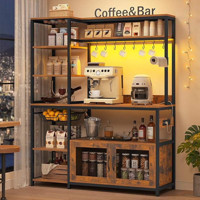 47.2 in Bakers Rack with Power Outlet & LED Light, Coffee Bar with Coffee Pod Holder for Vetuo, Kitchen Microwave Stand with Storage Shelves, Paper Holder, Cabinet, Wire Basket, 8 Hooks (Rustic Brown)