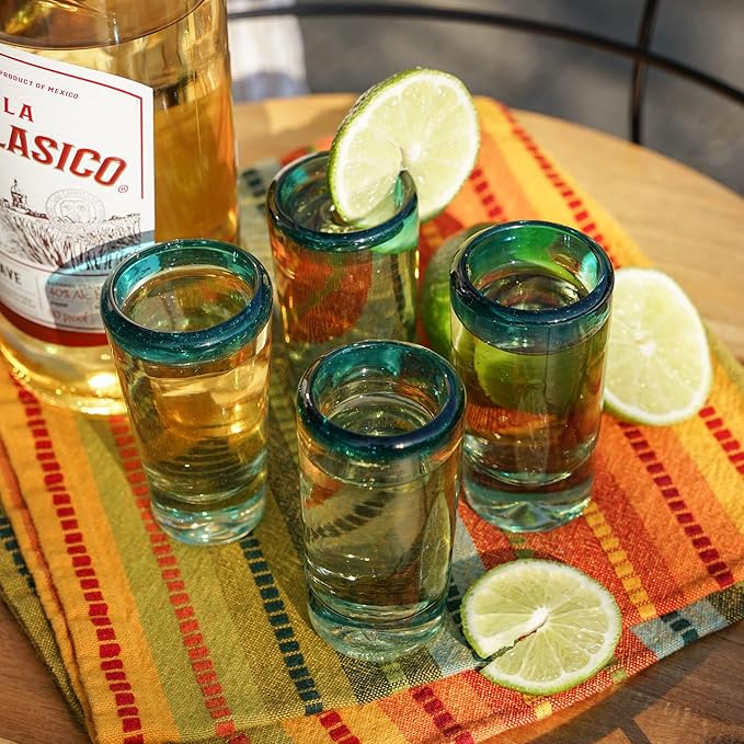 Segunda Vida Twine Primavera Colorful Shot Glasses with Blue Rims, Handmade Mexican Glass Hand Blown, 100% Recycled Glassware, 1 oz Set of 4