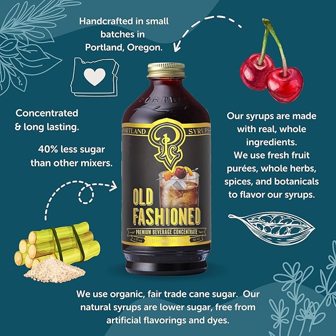 Portland Syrups Old Fashioned Flavor Beverage Concentrate – Craft Bold, Flavorful Cocktails, Mocktails Soda & More with a Classic Twist – Made w/Simple Ingredients, Less Sugar, 12 oz, 24 Servings